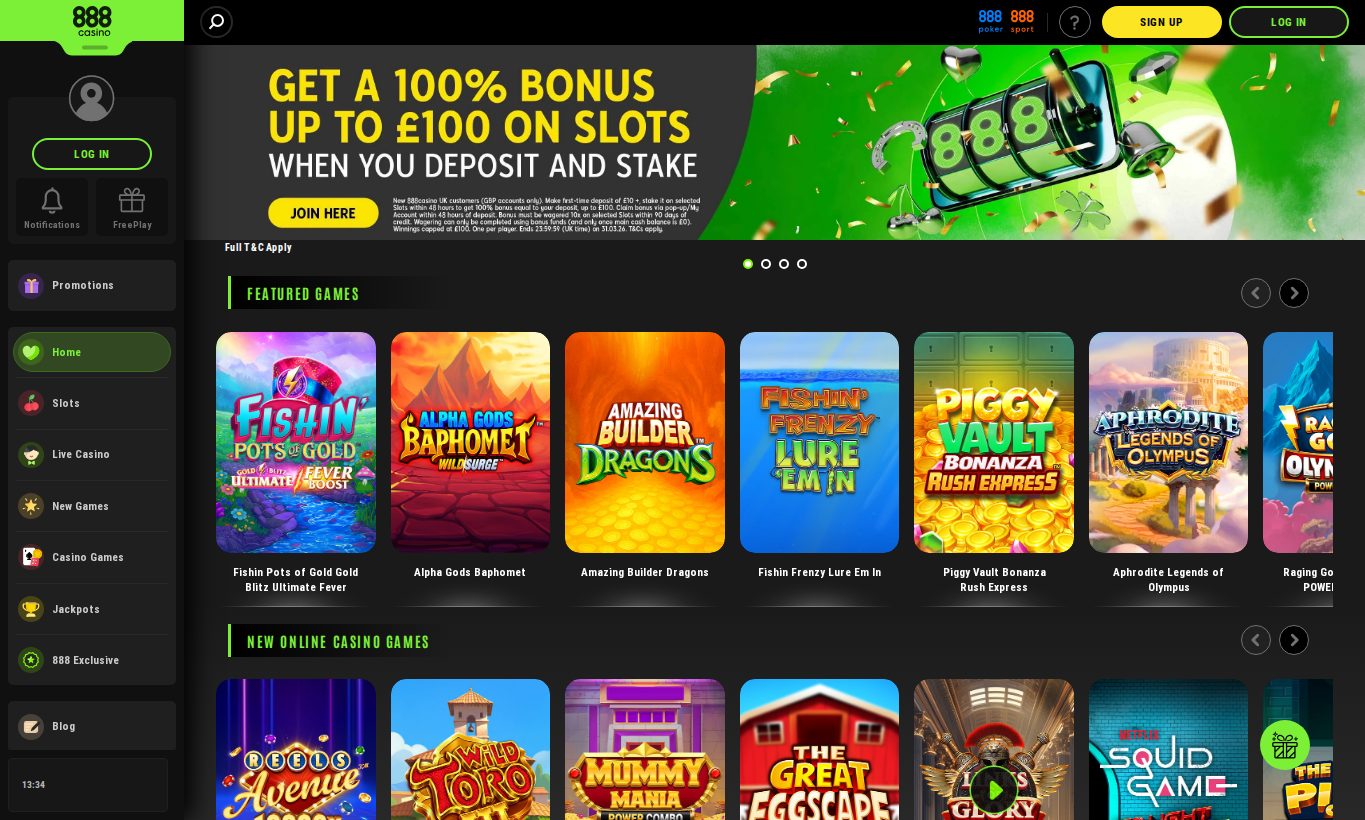 888casino homepage screenshot captured from the UK-facing casino site