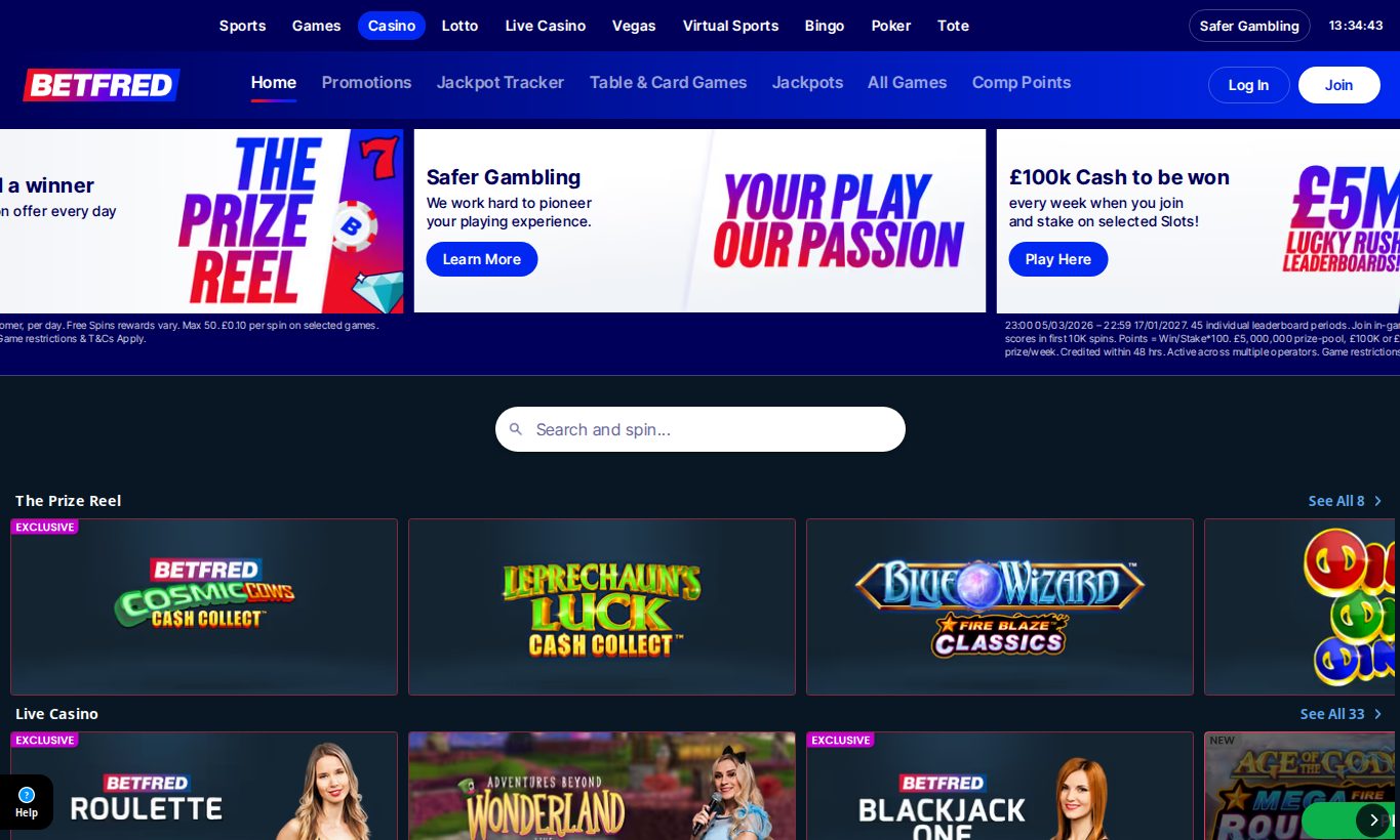 Betfred homepage screenshot captured from the UK-facing casino site
