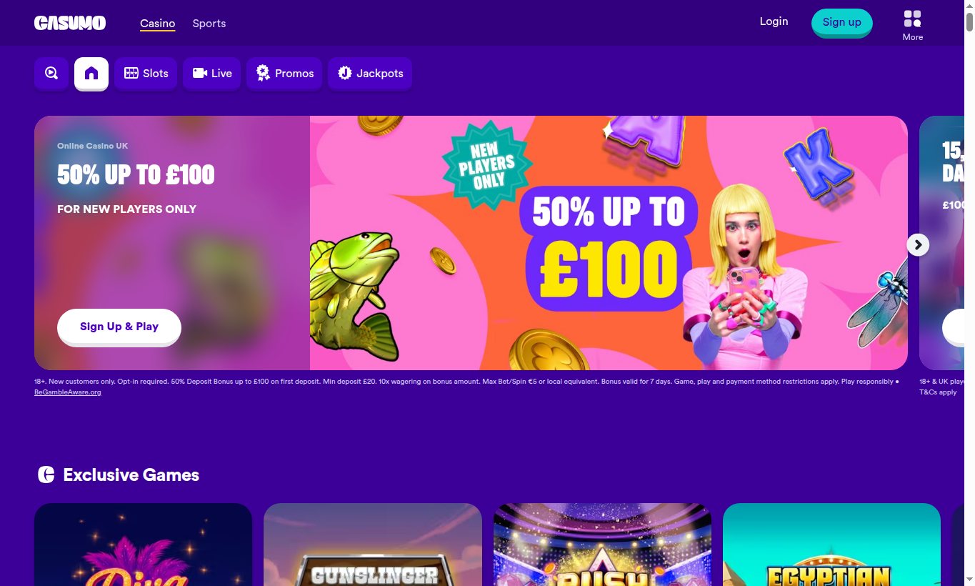 Casumo homepage screenshot captured from the UK-facing casino site