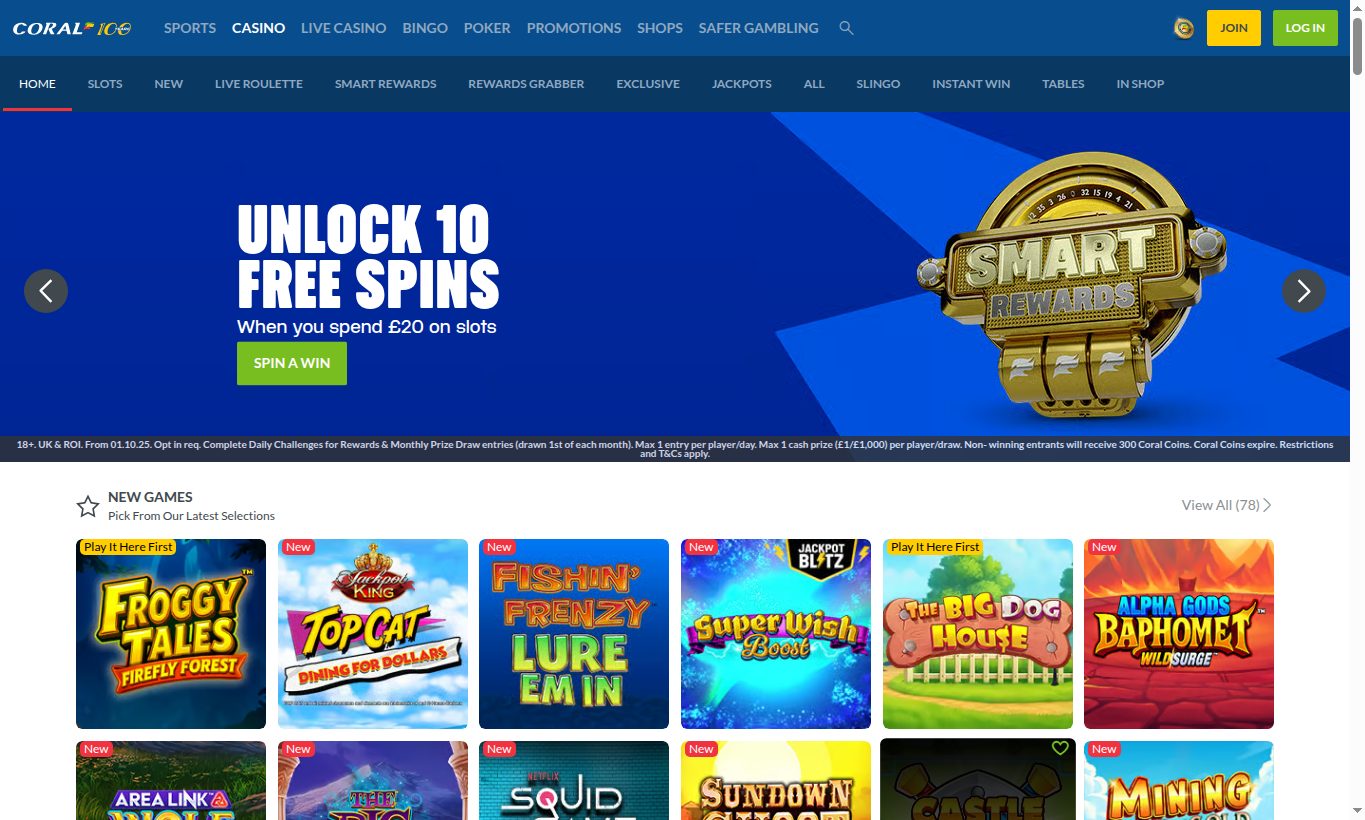 Coral Casino homepage screenshot captured from the UK-facing casino site