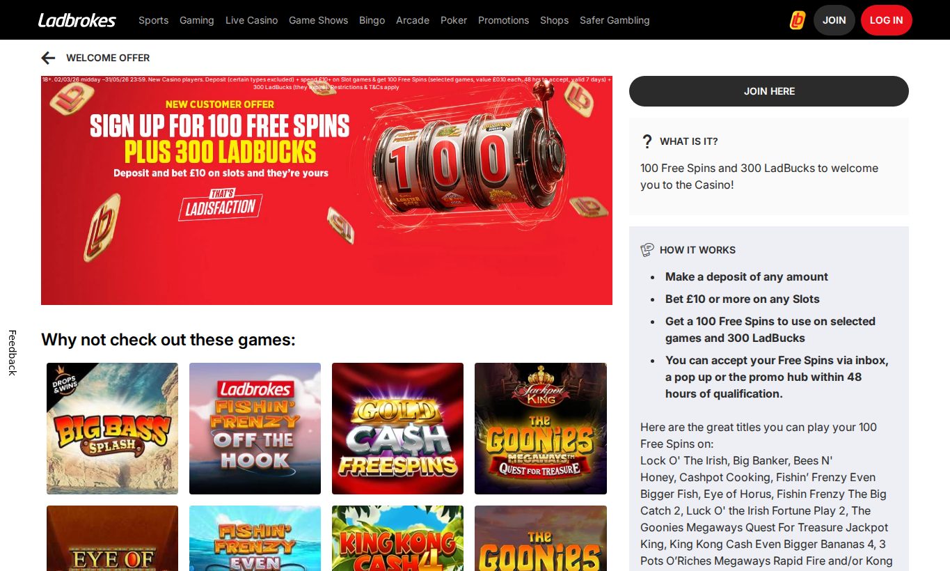 Ladbrokes Casino homepage screenshot captured from the UK-facing casino site