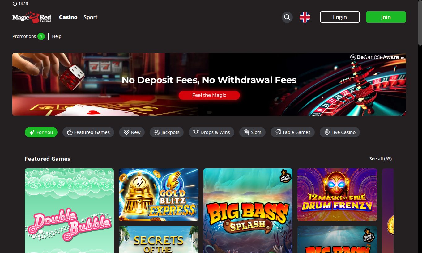 MagicRed Casino homepage screenshot captured from the UK-facing casino site