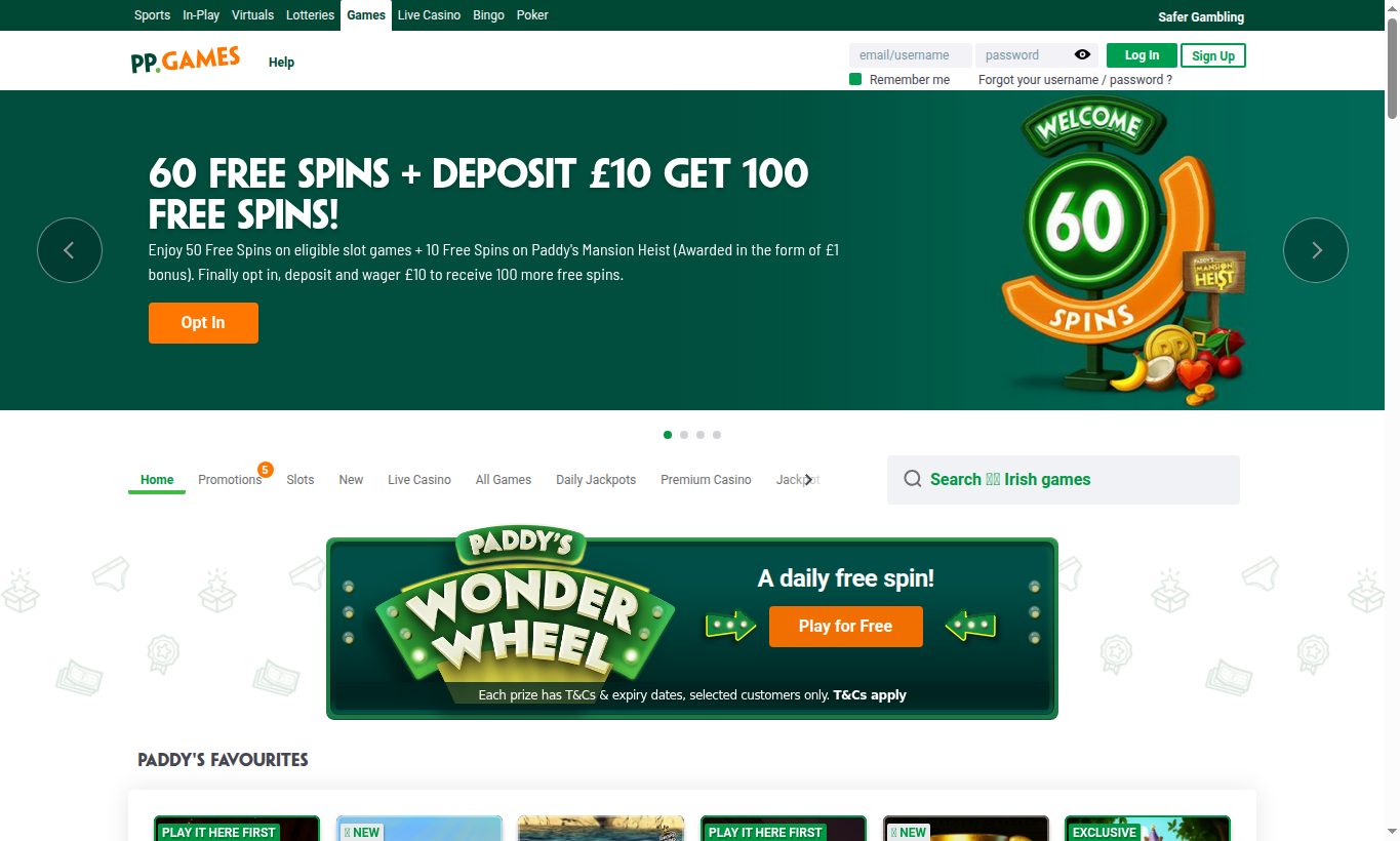 Paddy Power Casino homepage screenshot captured from the UK-facing casino site