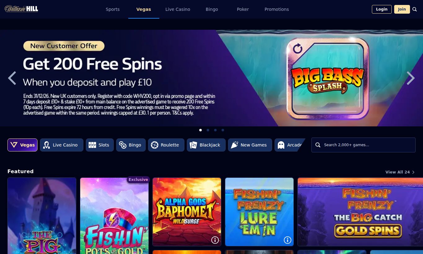 William Hill homepage screenshot captured from the UK-facing casino site